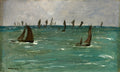 Quadro decorativo mostrando barcos com velas marrons sobre um mar de águas turquesas e agitadas, sob um céu cinzento. Assinatura 'manet' no canto inferior esquerdo.