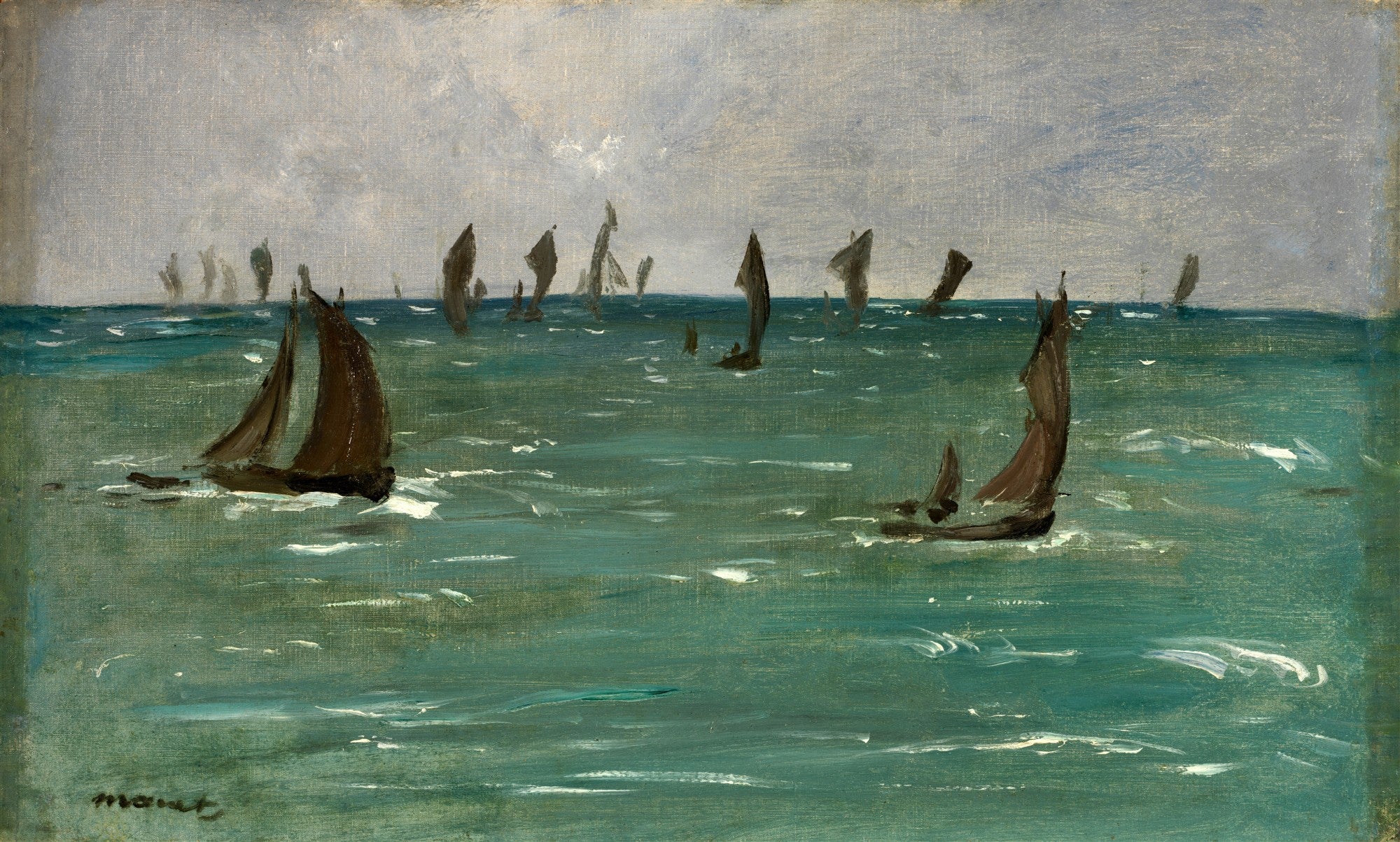 Quadro decorativo mostrando barcos com velas marrons sobre um mar de águas turquesas e agitadas, sob um céu cinzento. Assinatura 'manet' no canto inferior esquerdo.