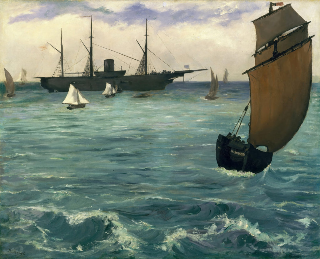 Quadro decorativo com pintura de Edouard Manet, 'A Partida do Vapor de Folkestone'. Representa um porto com vários navios, incluindo um grande navio a vapor ao fundo e um barco a vela em primeiro plano, em um mar agitado com tons de azul e verde.