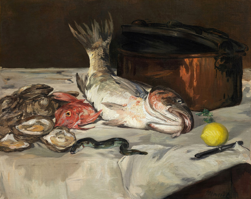 Uma pintura de natureza-morta de Edouard Manet, mostrando peixes, ostras, um limão e um pote de cobre sobre uma toalha branca.
