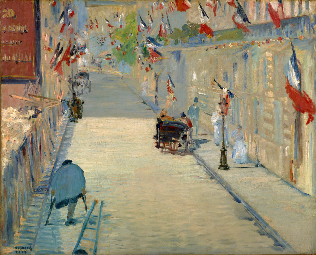 Pintura a óleo de Edouard Manet, 'A Rua Montorgueil', mostrando uma rua parisiense repleta de bandeiras francesas tremulando, com figuras em movimento e edifícios ao fundo. Um homem com muletas e uma escada está em primeiro plano.