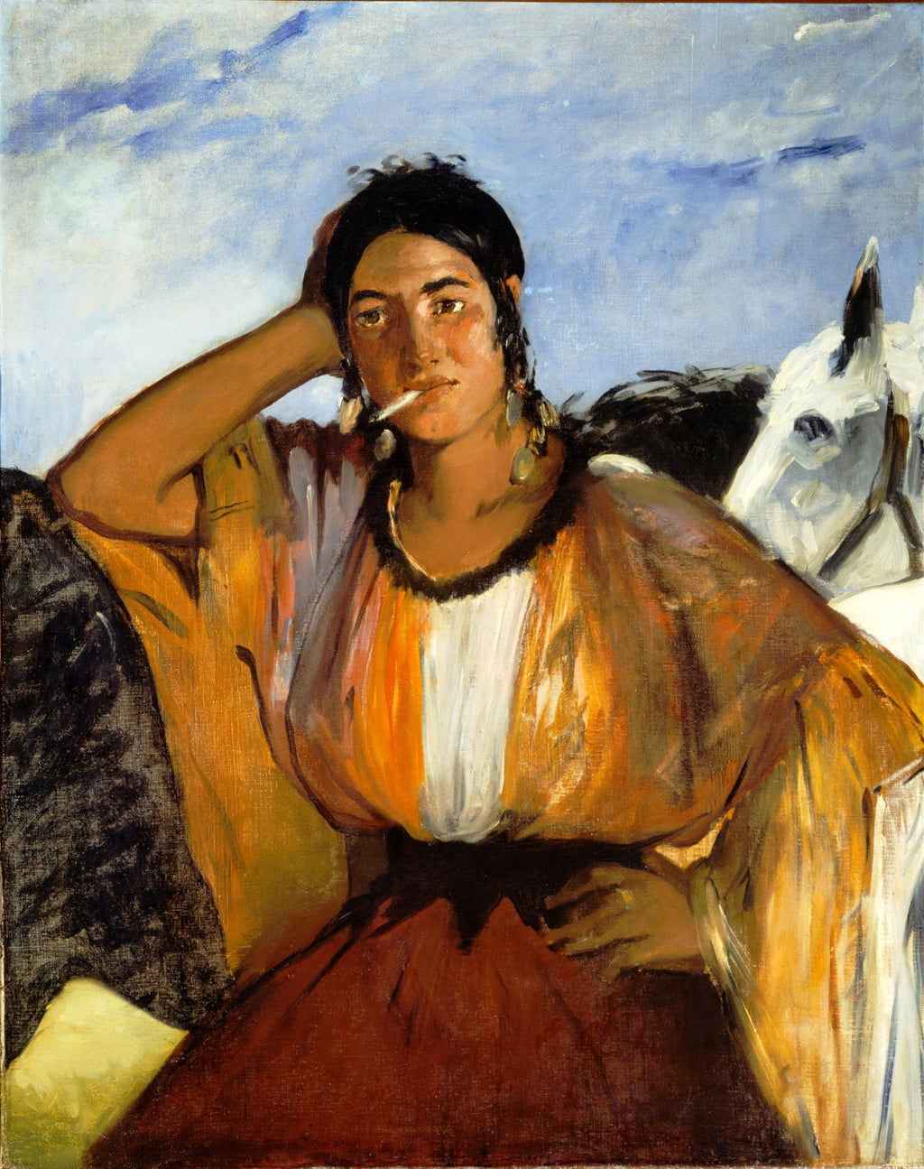 Quadro decorativo com a pintura 'A Cigana' de Édouard Manet, retratando uma mulher jovem de perfil direto com um cigarro, vestindo roupas coloridas e um burro branco ao fundo.