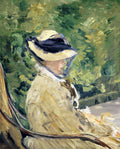 Pintura de Edouard Manet 'A Leitura', retratando uma mulher de chapéu e casaco claro lendo em um jardim verde exuberante.