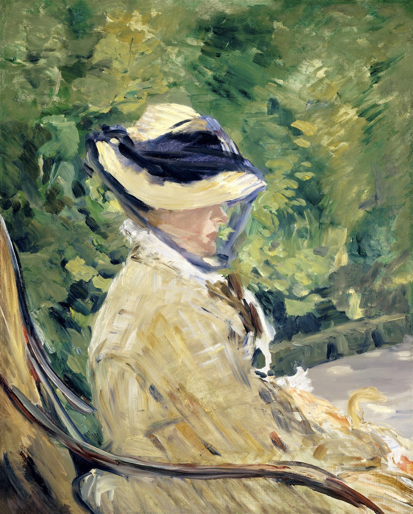 Pintura de Edouard Manet 'A Leitura', retratando uma mulher de chapéu e casaco claro lendo em um jardim verde exuberante.