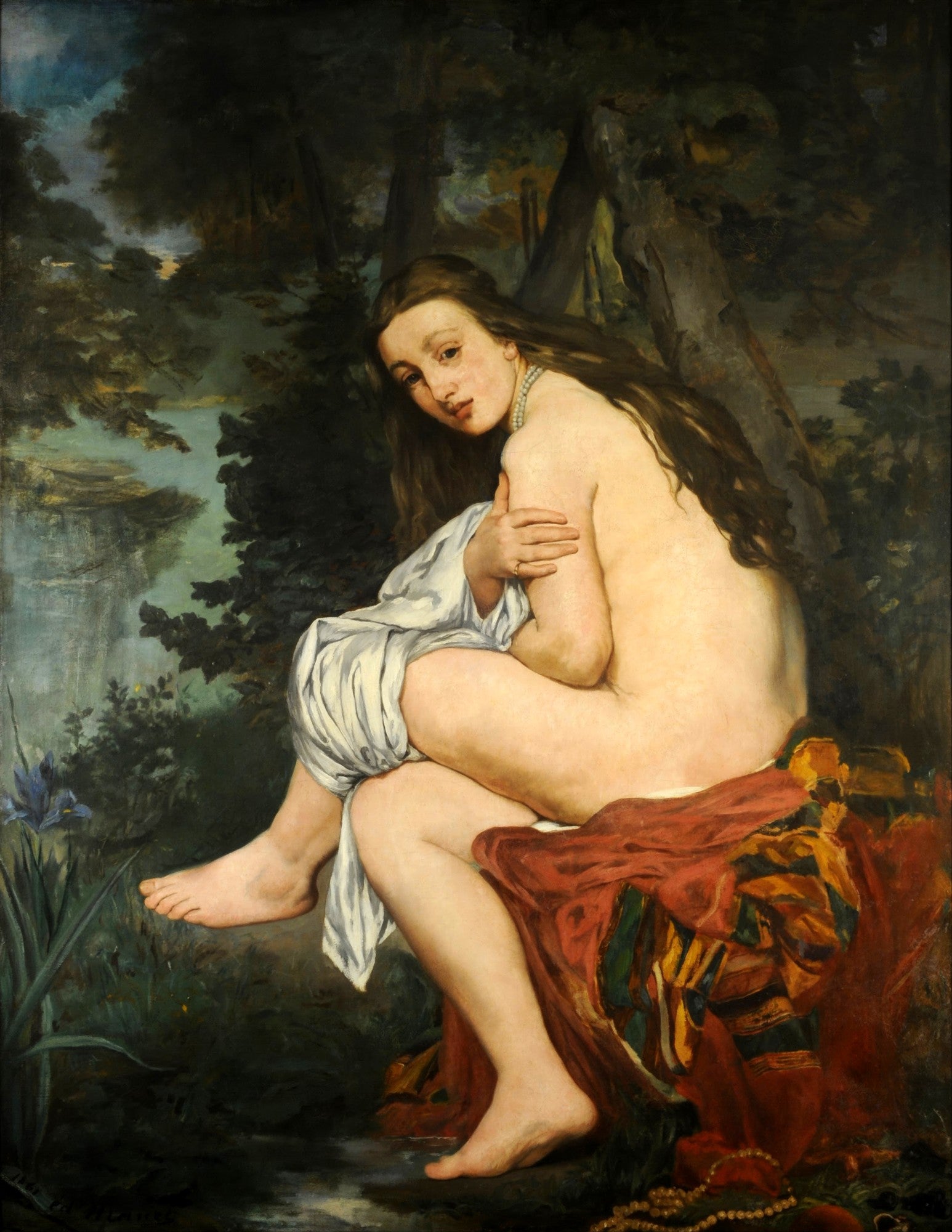 Pintura a óleo de uma mulher nua sentada em um ambiente florestal, com uma íris azul à esquerda, atribuída a Edouard Manet.