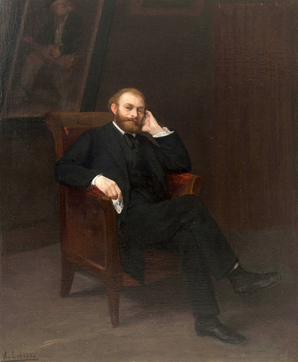 Retrato de Antonin Proust por Edouard Manet, um homem barbudo sentado em uma poltrona escura, com olhar pensativo. A imagem é em tons escuros e sóbrios.