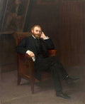 Retrato de Antonin Proust por Edouard Manet, um homem barbudo sentado em uma poltrona escura, com olhar pensativo. A imagem é em tons escuros e sóbrios.