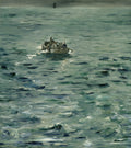Quadro decorativo "A Barca" de Édouard Manet, mostrando um pequeno barco com pessoas em um mar ondulado de tons azuis e verdes, com um céu cinzento ao fundo.
