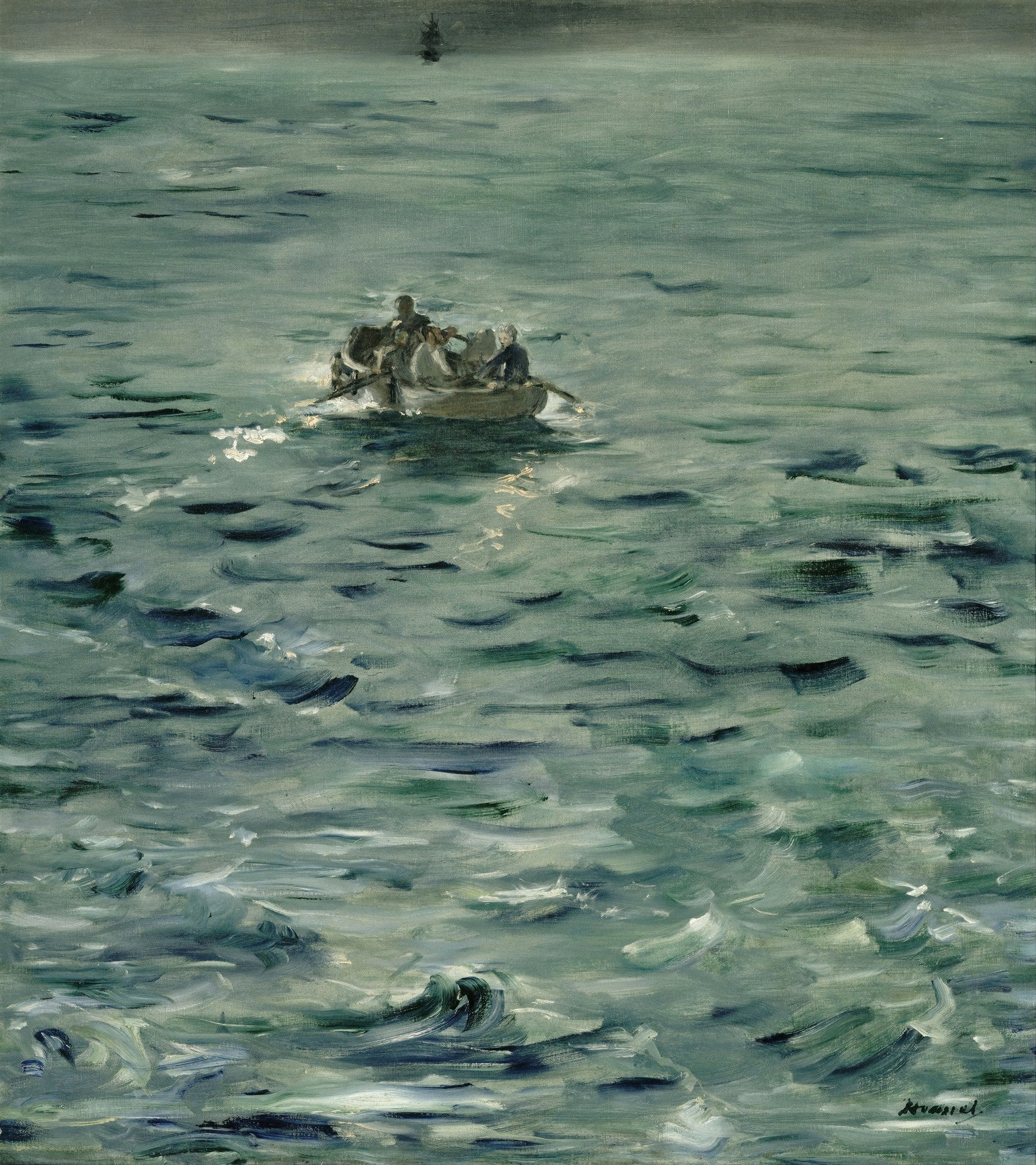 Quadro decorativo "A Barca" de Édouard Manet, mostrando um pequeno barco com pessoas em um mar ondulado de tons azuis e verdes, com um céu cinzento ao fundo.