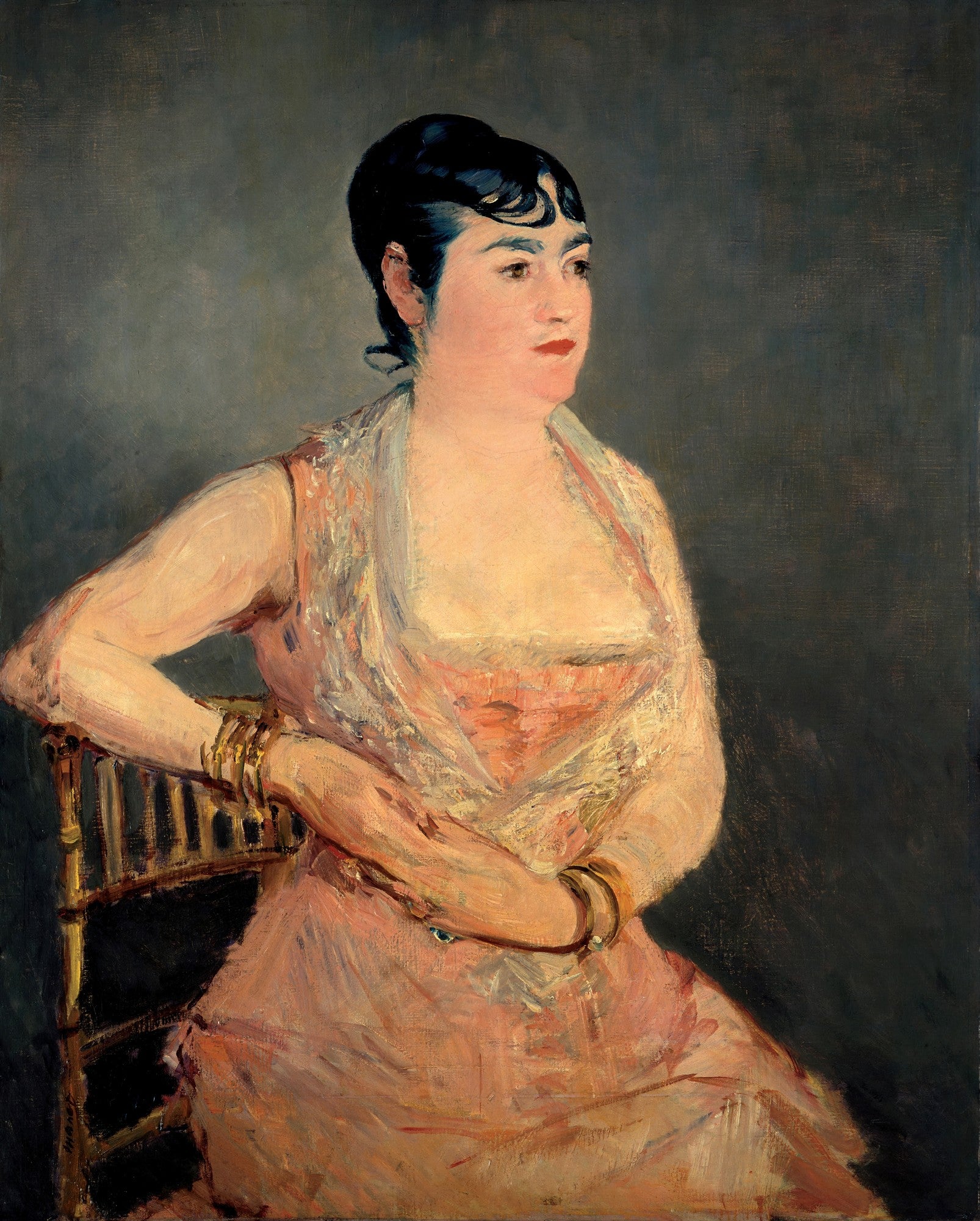Retrato a óleo de uma mulher sentada, vestindo um vestido rosa e azul com um xale, de Édouard Manet.