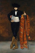 Quadro decorativo "O Tocador de Pífano" de Édouard Manet, retratando um jovem em traje de toureiro, segurando um pífano e um manto vermelho vibrante.