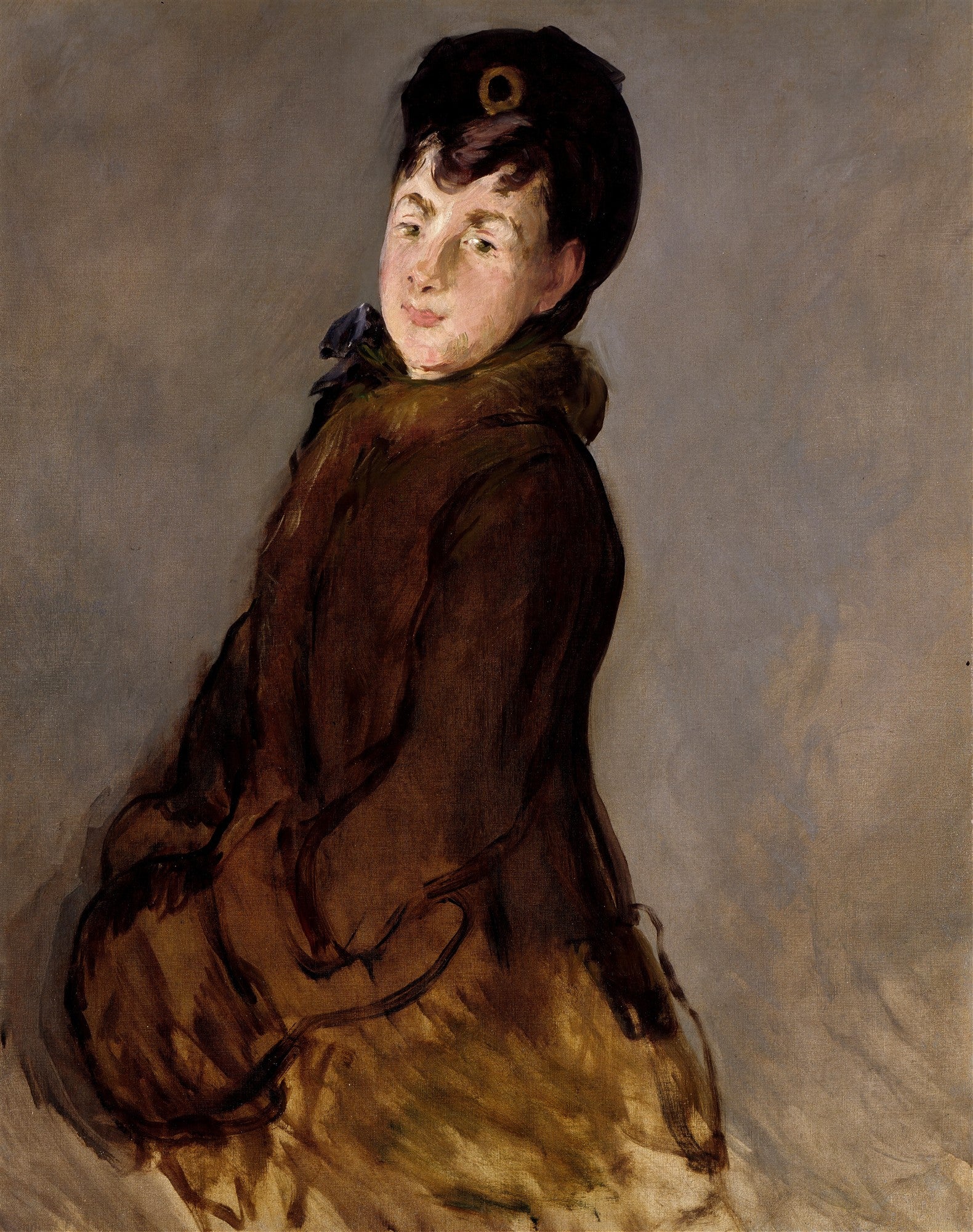 Retrato de uma mulher com chapéu escuro e vestimenta marrom, de Edouard Manet. Ela tem um olhar direto e expressivo, com pinceladas que sugerem movimento e luz.