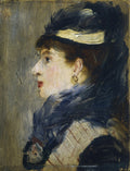 Retrato de perfil de uma mulher com chapéu escuro e pena, atribuído a Édouard Manet, com fundo neutro. A mulher usa um brinco dourado e tem os lábios avermelhados.