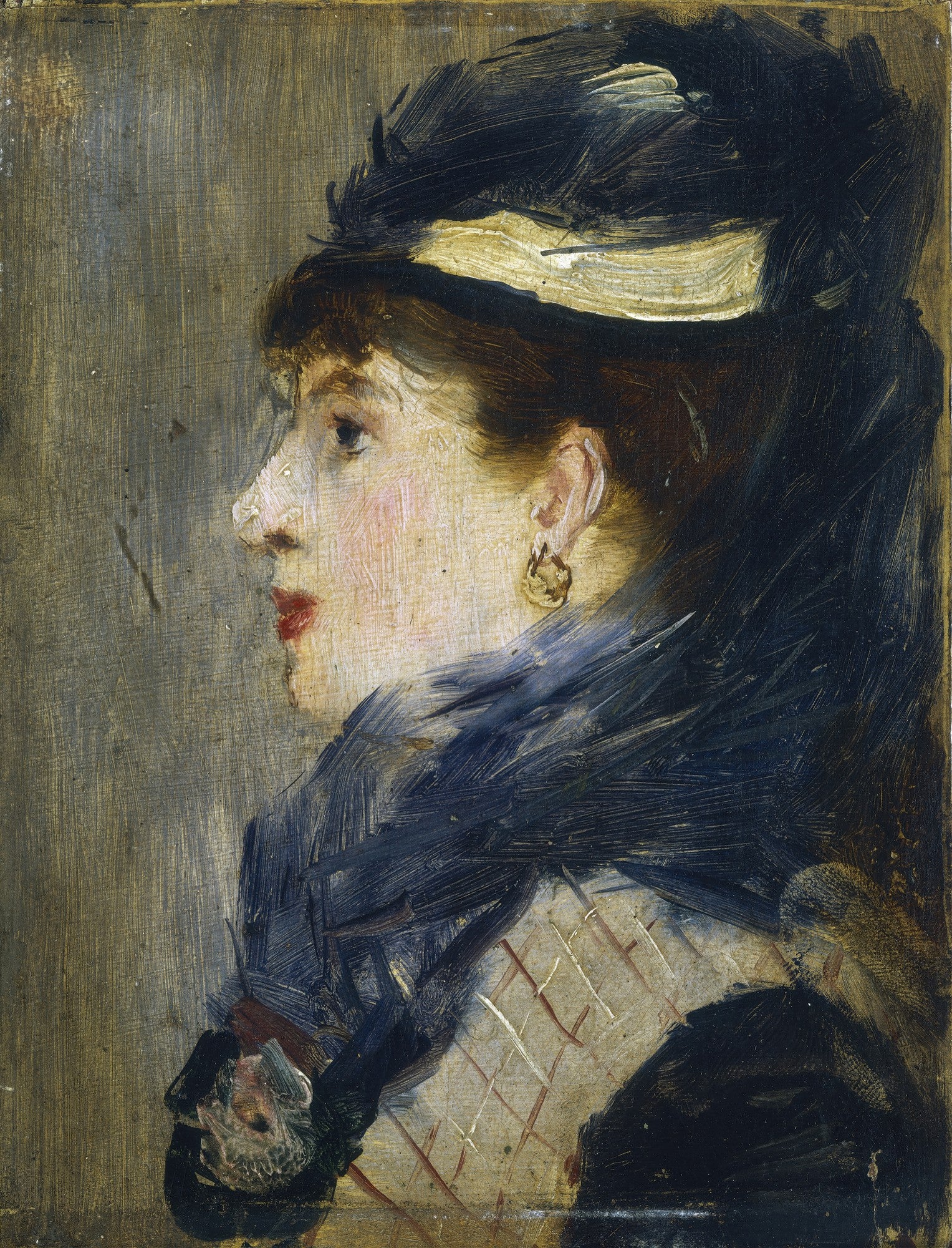 Retrato de perfil de uma mulher com chapéu escuro e pena, atribuído a Édouard Manet, com fundo neutro. A mulher usa um brinco dourado e tem os lábios avermelhados.