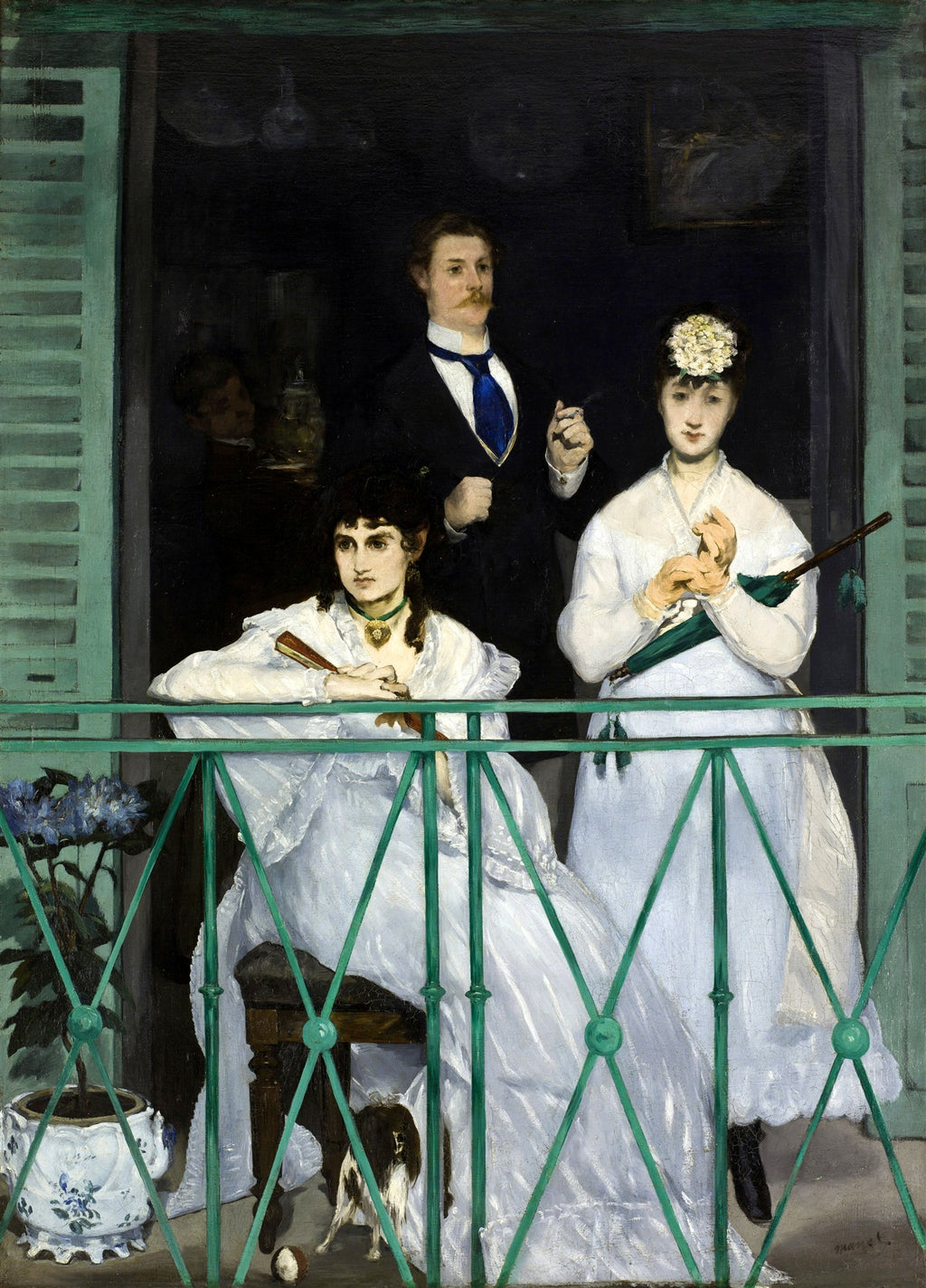 Quadro decorativo 'A Varanda' de Edouard Manet, mostrando três figuras em um balcão verde, com duas mulheres sentadas e um homem em pé, e um vaso de flores à esquerda.