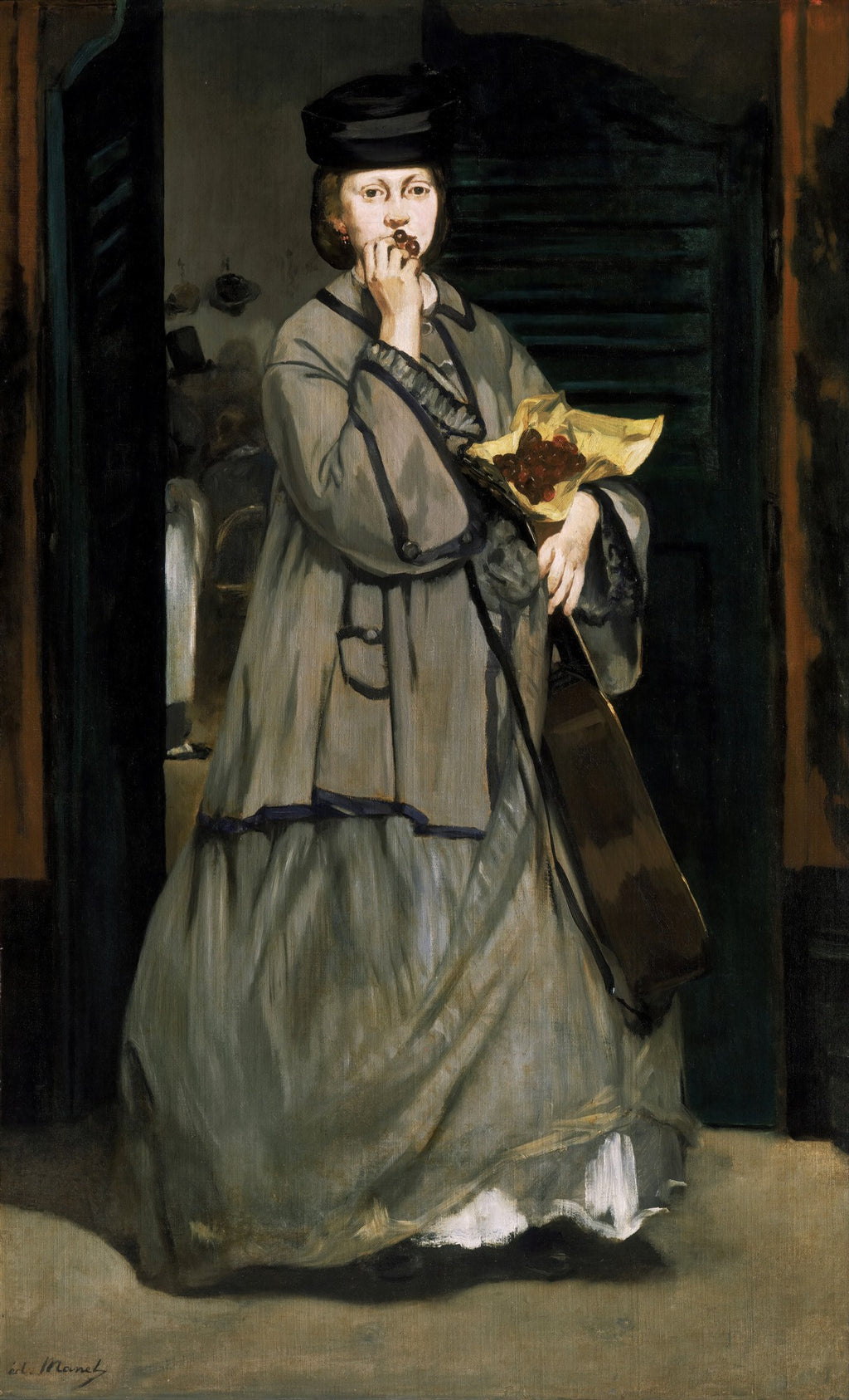 Pintura de Édouard Manet, A Mulher das Cerejas, mostrando uma mulher vestindo um casaco cinza e chapéu escuro, comendo cerejas e segurando um buquê de cerejas em papel.