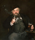 Retrato de um homem barbudo e corpulento, com cachimbo na boca e copo de cerveja na mão, em fundo escuro, pintado por Manet.