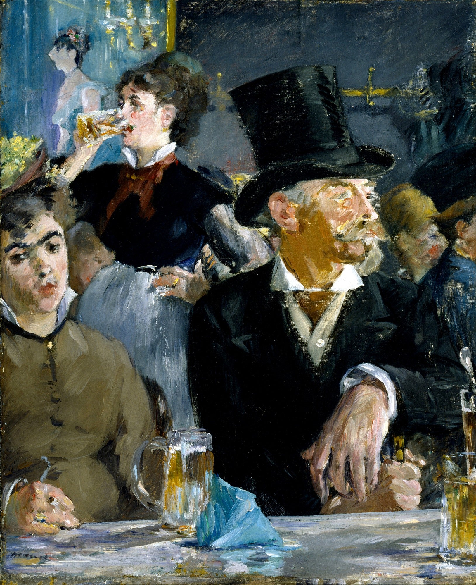 Quadro decorativo mostrando uma cena de café-concerto de Edouard Manet, com pessoas bebendo e conversando, destacando um homem de cartola e uma mulher com uma caneca de cerveja.