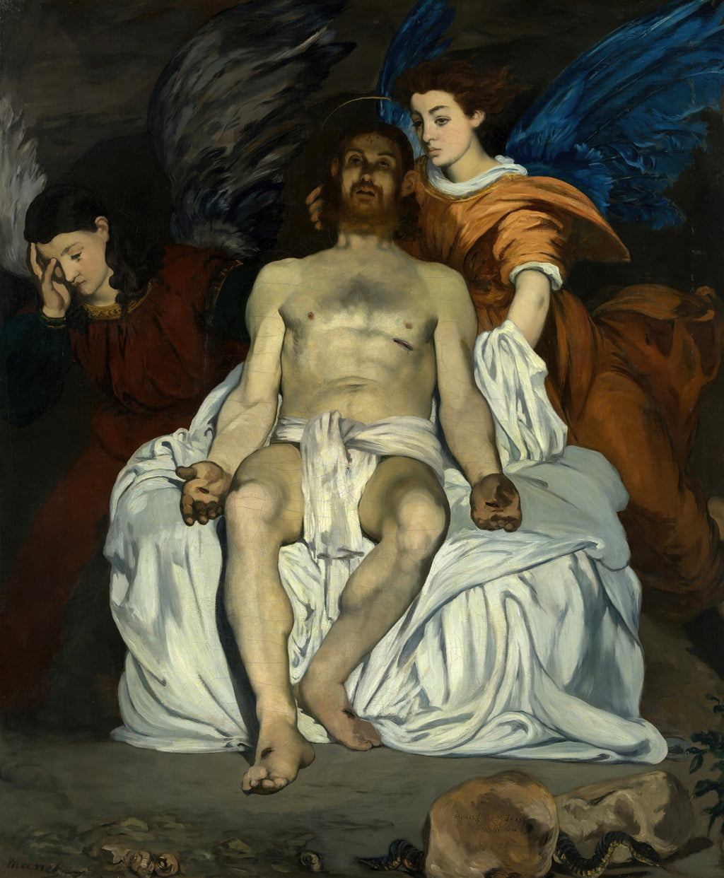 Pintura de Édouard Manet, 'Jesus Morto com Anjos', mostrando Jesus com ferimentos, amparado por dois anjos, em tons sombrios com detalhes azuis e alaranjados.