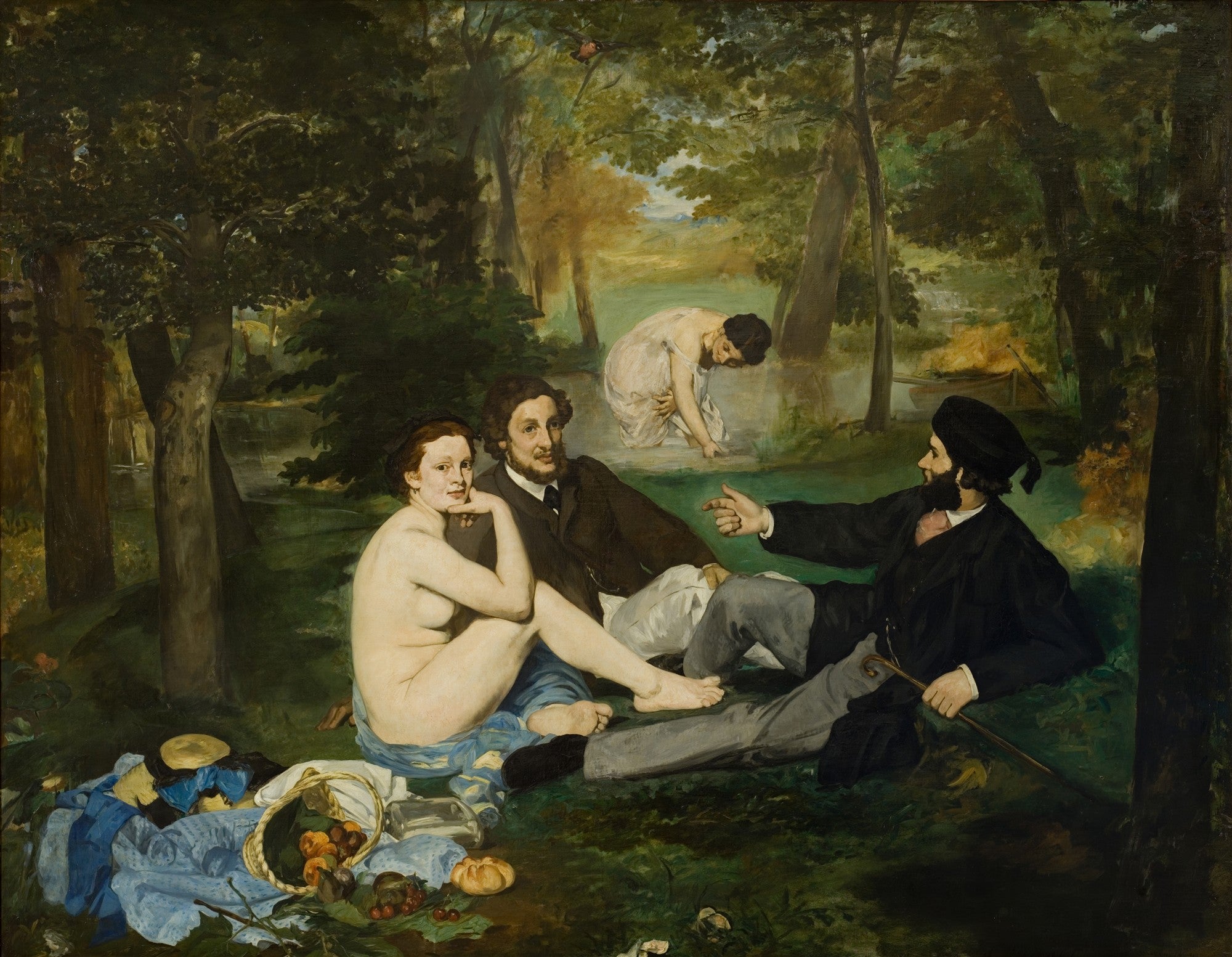 Quadro 'Le Déjeuner sur l’herbe' de Édouard Manet, com uma mulher nua sentada na grama com dois homens vestidos, e outra mulher no fundo, em um cenário de floresta e rio.