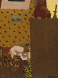 Pintura a óleo de Édouard Vuillard, exibindo uma cena interior com padrões em tons de mostarda e marrom, e figuras abstratas em branco e preto, transmitindo uma atmosfera íntima e acolhedora.