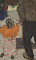 Pintura de Édouard Vuillard mostrando uma criança de vestido branco e vermelho e um suéter laranja abraçada a um adulto de roupa escura, com traços expressionistas.