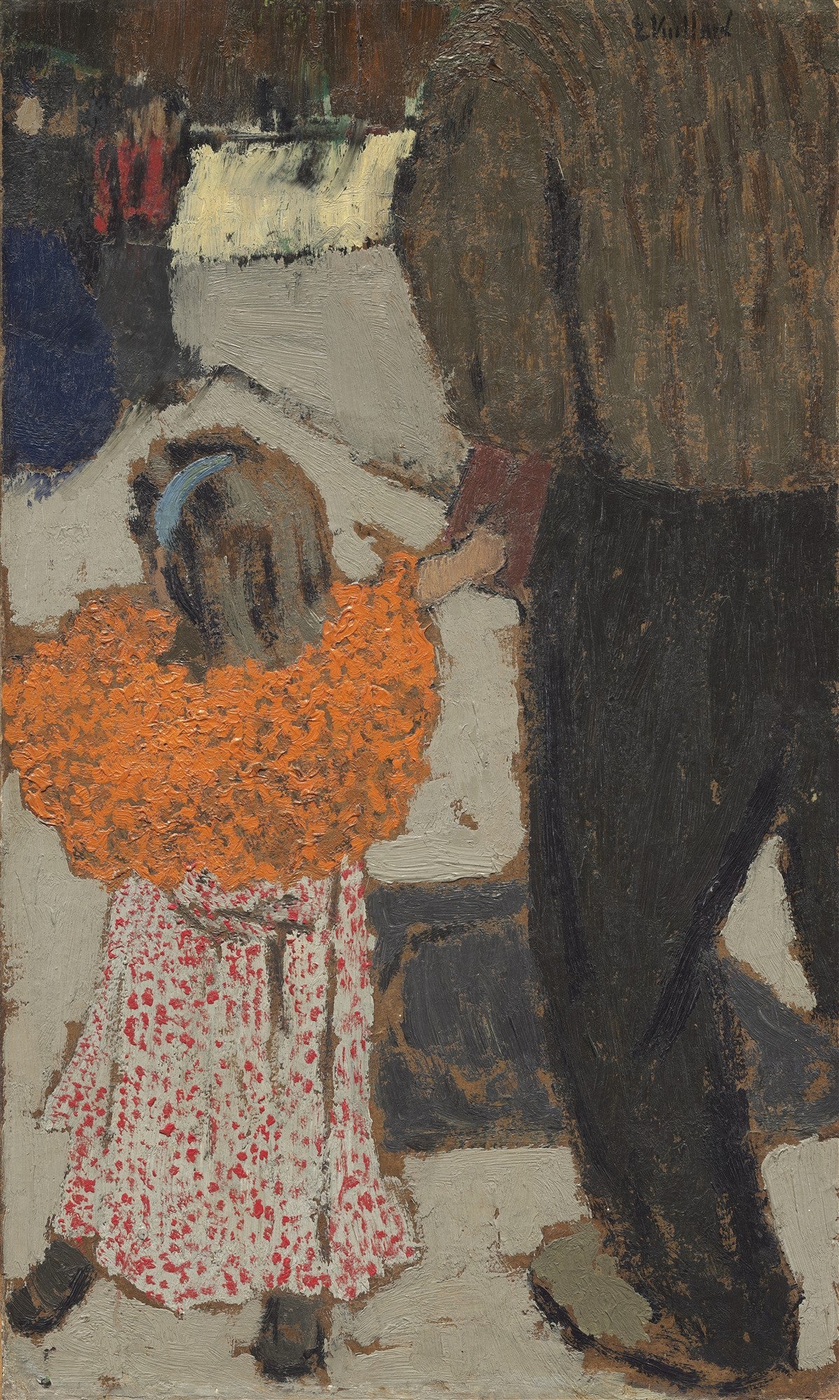 Pintura de Édouard Vuillard mostrando uma criança de vestido branco e vermelho e um suéter laranja abraçada a um adulto de roupa escura, com traços expressionistas.