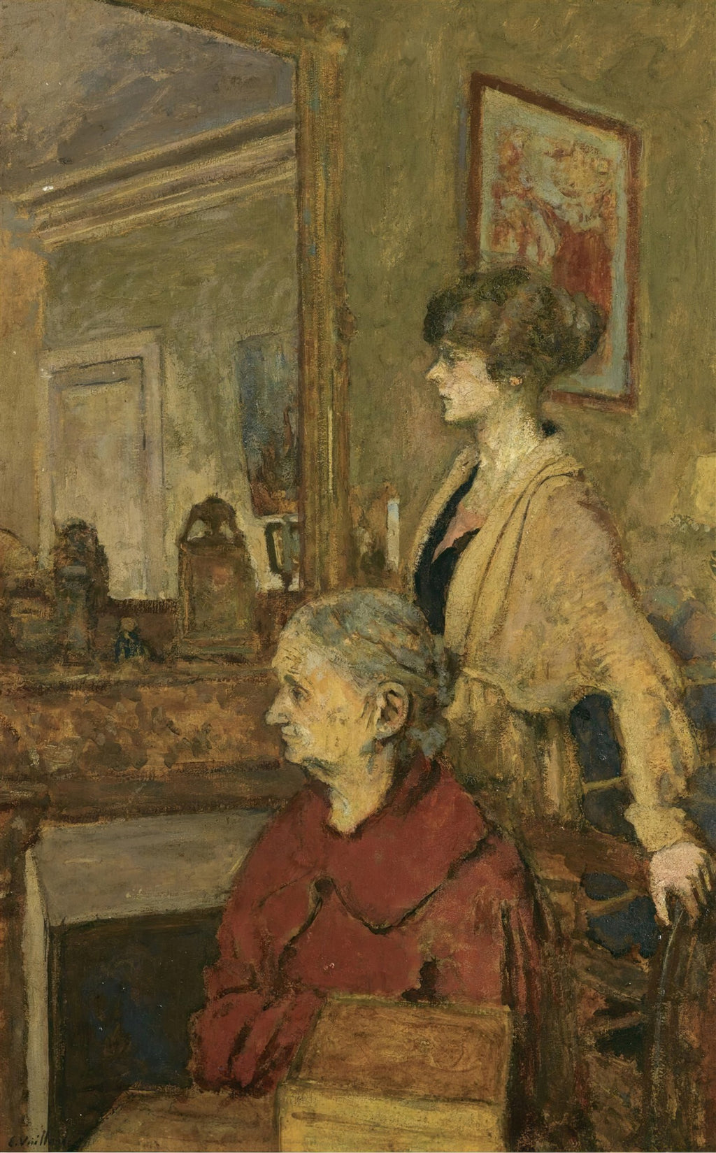 Quadro decorativo com duas figuras femininas em um interior, uma jovem em pé e uma senhora sentada, pintadas por Édouard Vuillard, com espelho e um quadro na parede ao fundo.