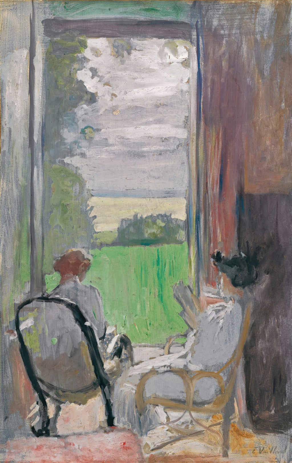 Quadro decorativo mostrando duas figuras sentadas dentro de casa, olhando pela janela para uma paisagem campestre verde sob um céu nublado. A obra é de Édouard Vuillard.