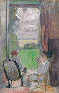 Quadro decorativo mostrando duas figuras sentadas dentro de casa, olhando pela janela para uma paisagem campestre verde sob um céu nublado. A obra é de Édouard Vuillard.