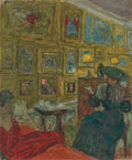 Pintura a óleo de Édouard Vuillard, "A Conversa", retratando duas mulheres em um interior ricamente decorado com quadros na parede, em tons de verde-oliva, vermelho e azul.