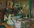 Quadro decorativo de Édouard Vuillard, 'A Costureira', mostrando uma mulher sentada costurando em um ambiente doméstico com cores vibrantes e texturas em pinceladas grossas.