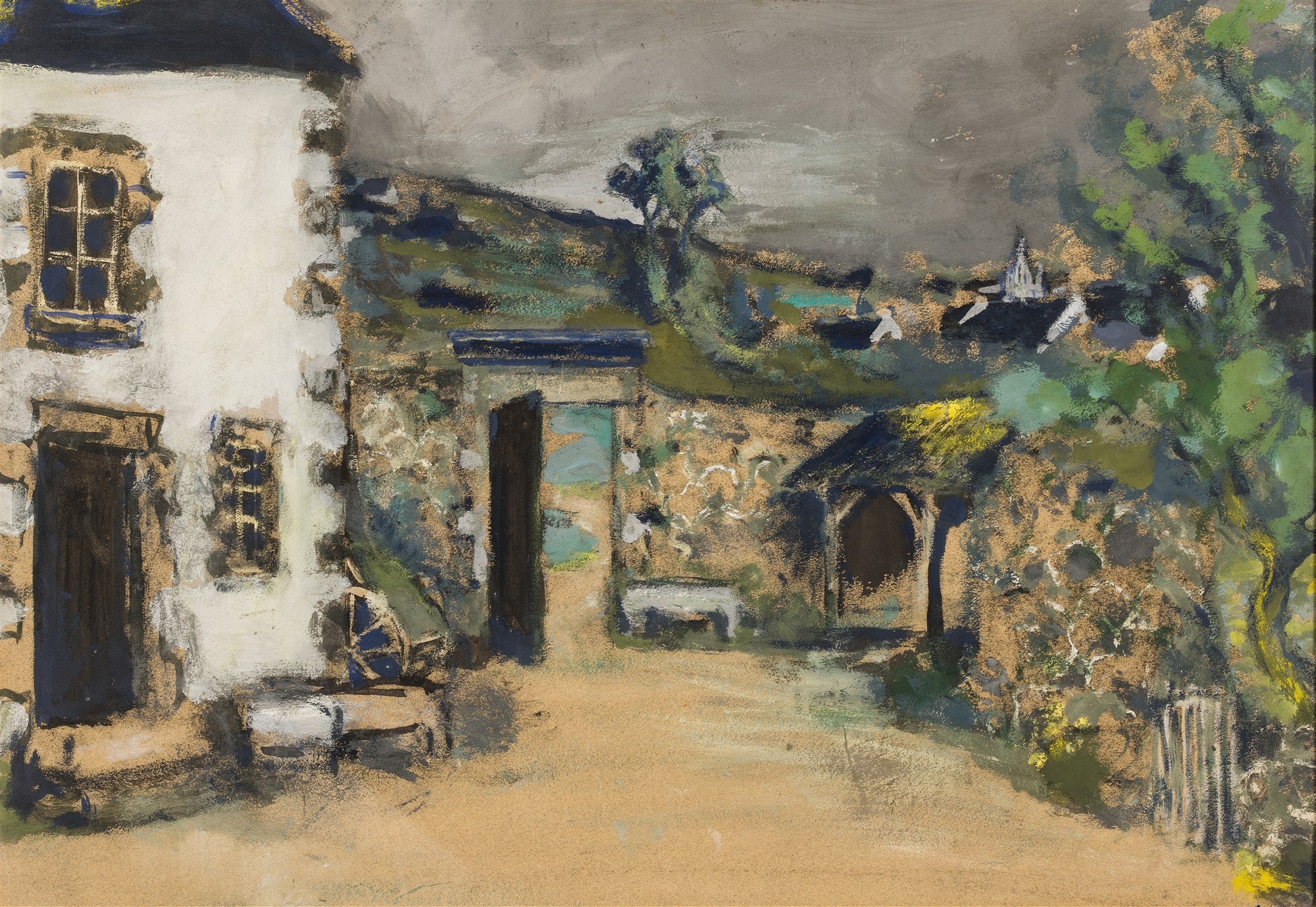 Pintura de paisagem rural com casas de pedra e vegetação, céu nublado e tons terrosos, atribuída a Édouard Vuillard.