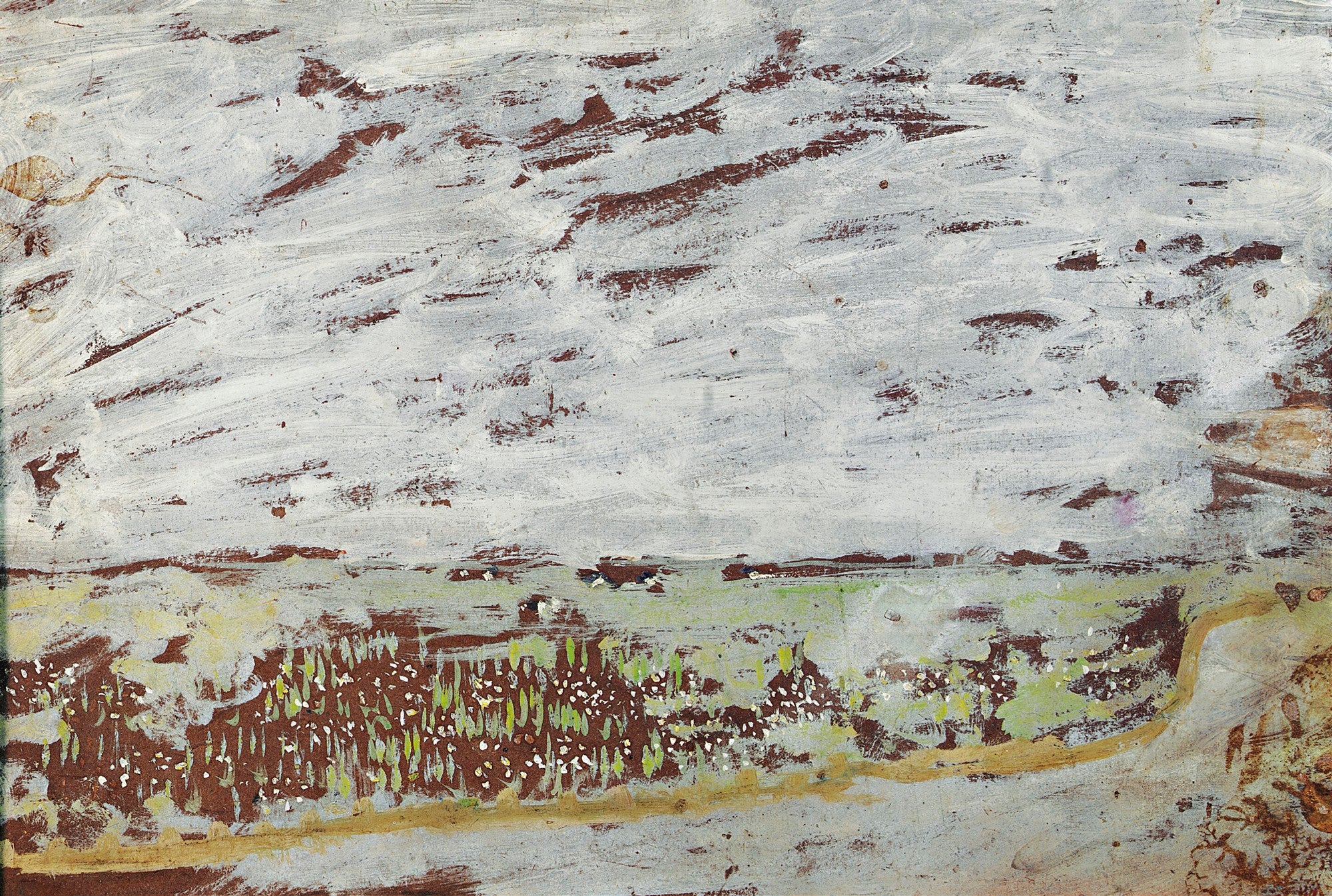 Paisagem abstrata com céu cinzento e campo com vegetação, em tons de branco, marrom e verde. Pinceladas grossas e visíveis.