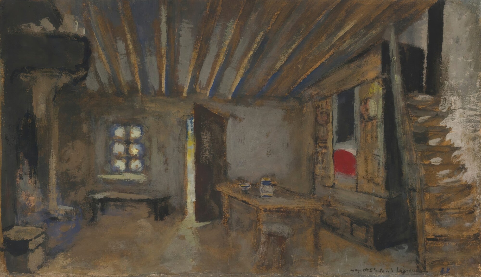 Quadro decorativo mostrando um interior escuro com uma janela pequena à esquerda e uma mesa com objetos à direita, iluminado por uma luz quente central, de Édouard Vuillard.