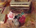 Quadro decorativo com pintura a óleo de Édouard Vuillard, representando um piano com um vaso de rosas em tons de vermelho e rosa, em um ambiente intimista e quente.