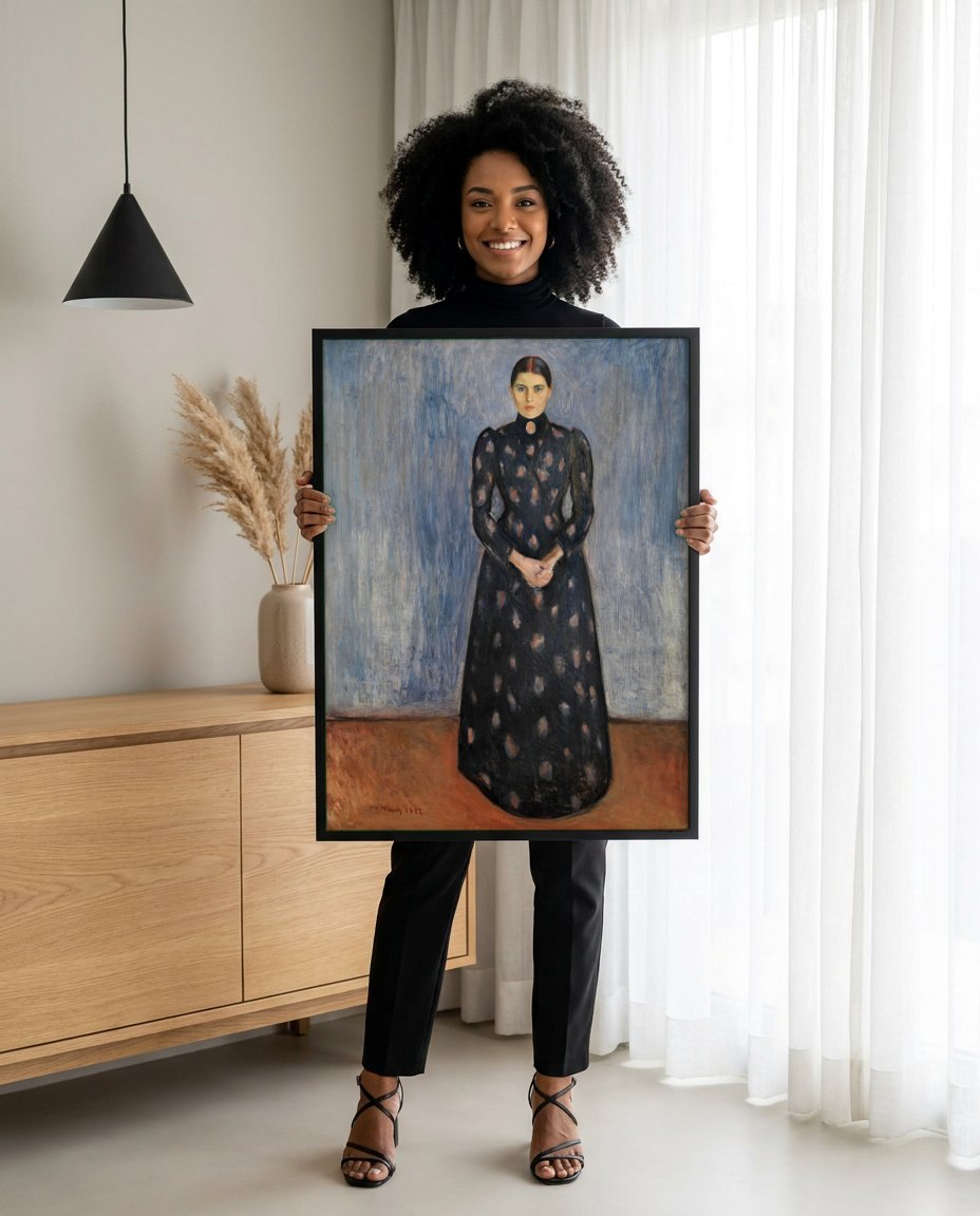 Quadro Decorativo A Senhora em Preto - Edvard Munch com modelo em ambiente