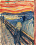 Quadro decorativo 'O Grito' de Edvard Munch, retratando uma figura angustiada com as mãos no rosto, em uma ponte, sob um céu vermelho e alaranjado vibrante.