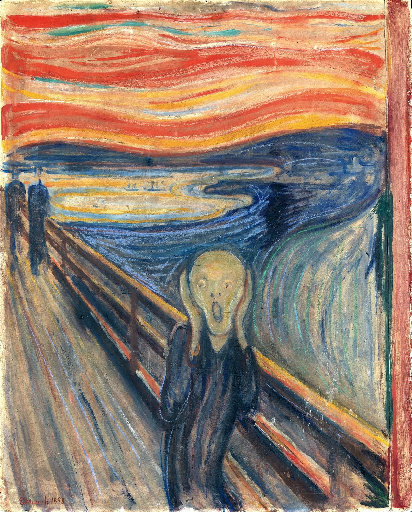 Quadro decorativo 'O Grito' de Edvard Munch, retratando uma figura angustiada com as mãos no rosto, em uma ponte, sob um céu vermelho e alaranjado vibrante.