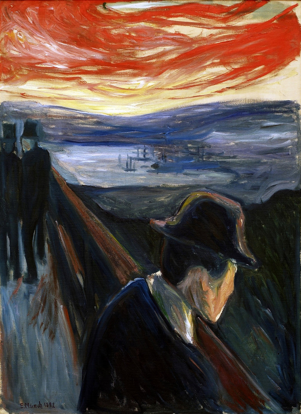 Quadro decorativo com a obra Melancolia de Edvard Munch, apresentando uma figura em primeiro plano com chapéu, de costas, em uma ponte, com um céu vermelho vibrante ao fundo e outras figuras distantes.