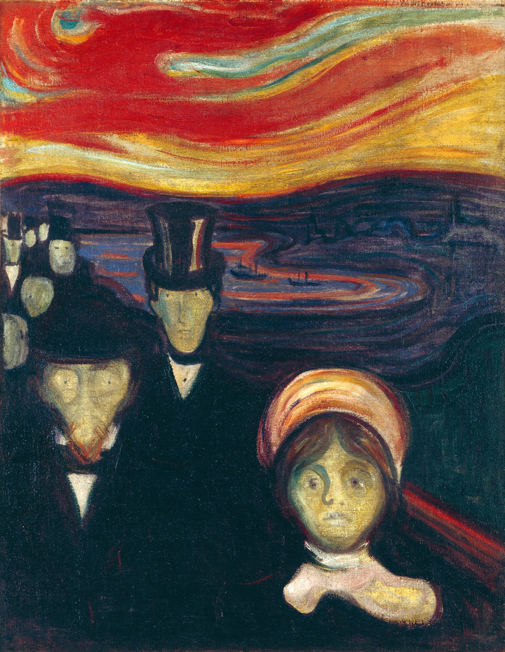 Quadro decorativo "A Voz da Noite" de Edvard Munch, retratando figuras pálidas em primeiro plano com chapéus e um lenço, contra um fundo de céu vermelho-alaranjado e rio sinuoso com barcos escuros.