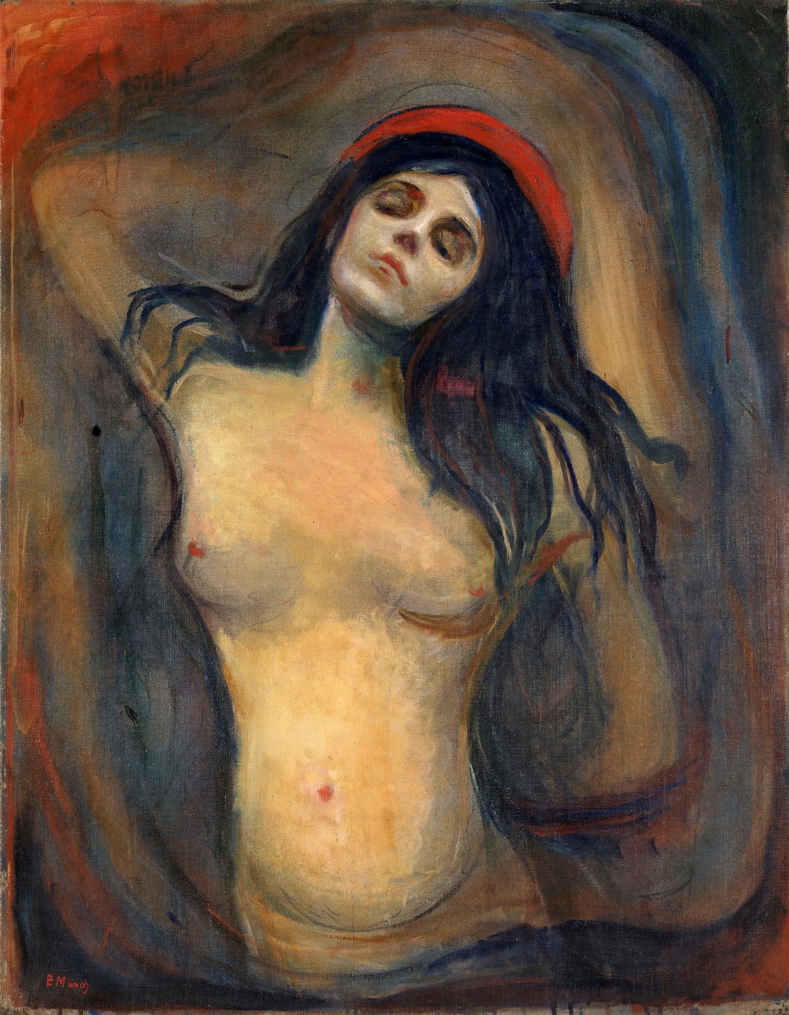 Quadro decorativo da pintura 'Madonna' de Edvard Munch, retratando uma mulher nua com cabelos escuros e uma faixa vermelha na cabeça, em tons de vermelho, azul e marrom.