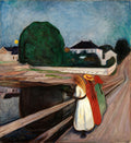 Quadro decorativo "Moças na Ponte" de Edvard Munch, com três figuras femininas em uma ponte, olhando para a água, em uma paisagem com casas e uma grande árvore verde sob um céu nublado e uma lua amarela.