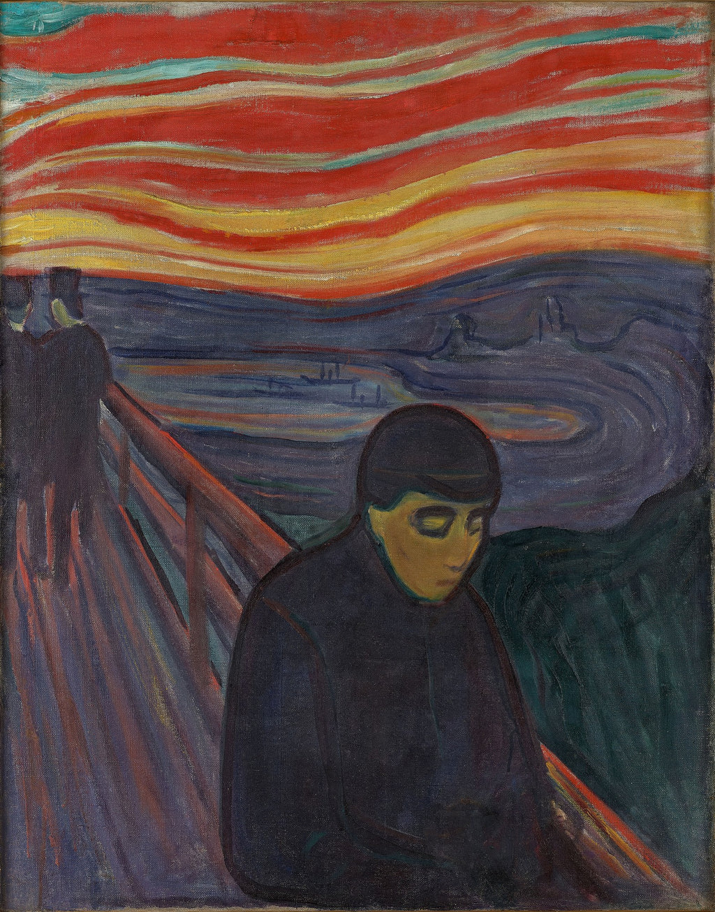 Quadro decorativo Melancolia de Edvard Munch, representando uma figura pensativa em primeiro plano com um céu avermelhado intenso ao fundo e duas figuras distantes na ponte.