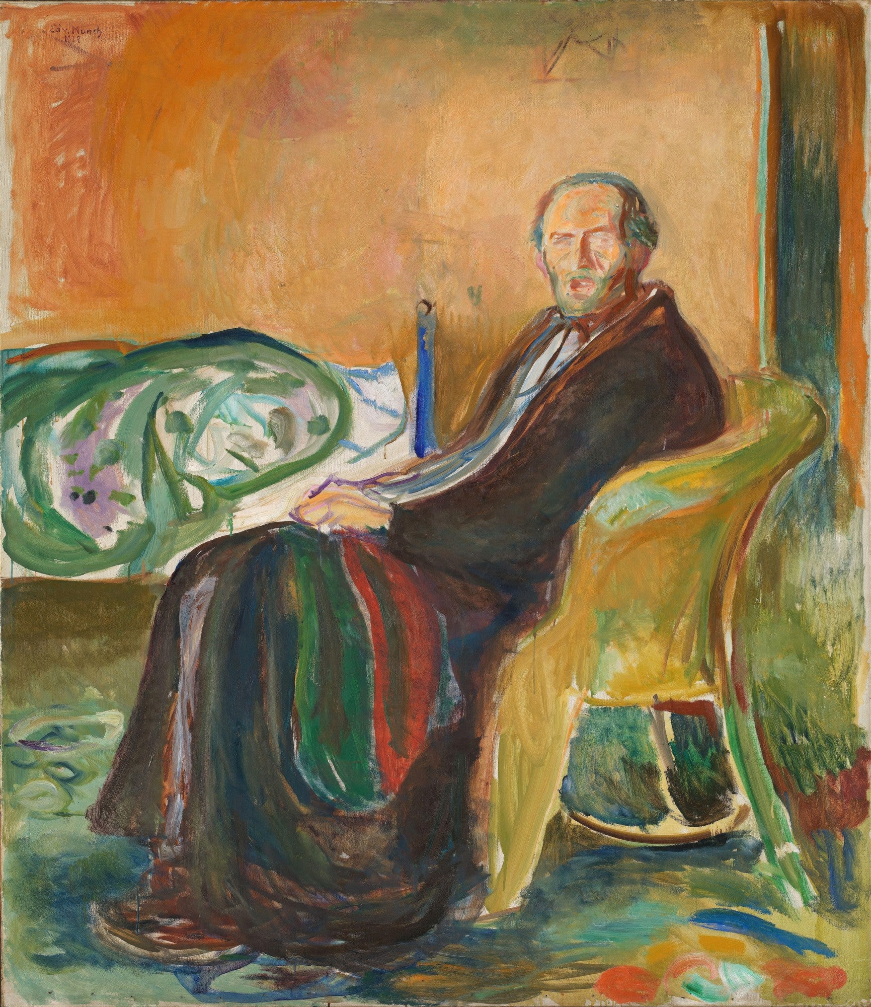 Autorretrato de Edvard Munch em poltrona, cores vibrantes e pinceladas expressivas.