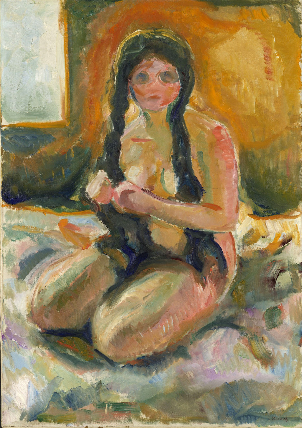Pintura de Edvard Munch, 'A Filha do Pescador', retratando uma mulher de cabelos escuros e longas tranças, sentada e parcialmente nua, com pinceladas expressivas e cores quentes, em uma composição íntima e reflexiva.