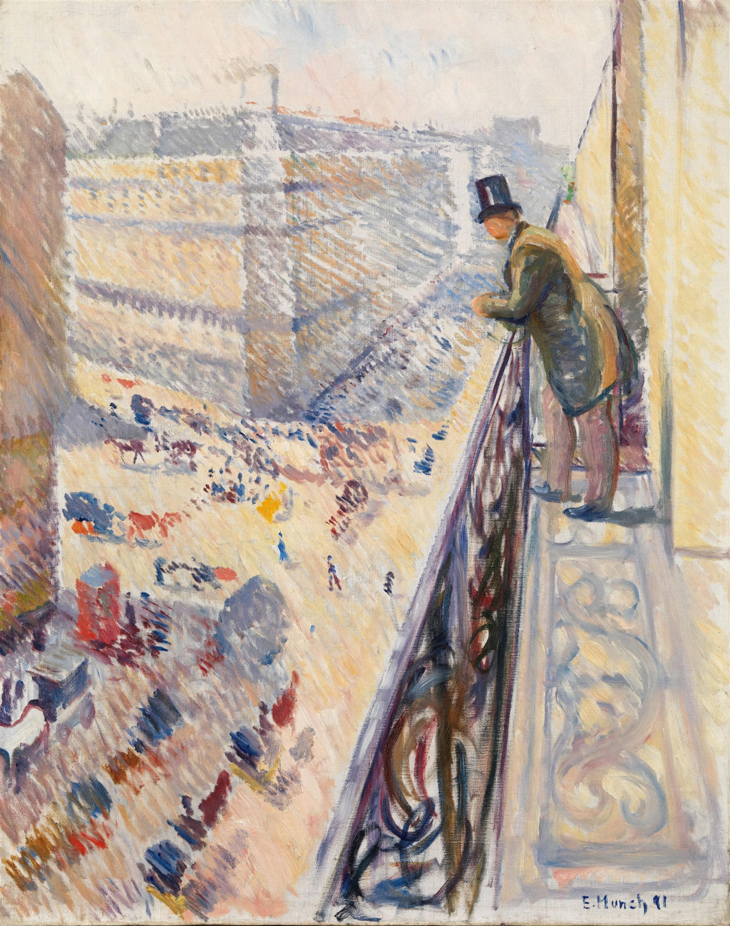 Quadro decorativo com pintura de Edvard Munch, 'Rue Lafayette', mostrando um homem de cartola no balcão observando a rua movimentada lá embaixo.