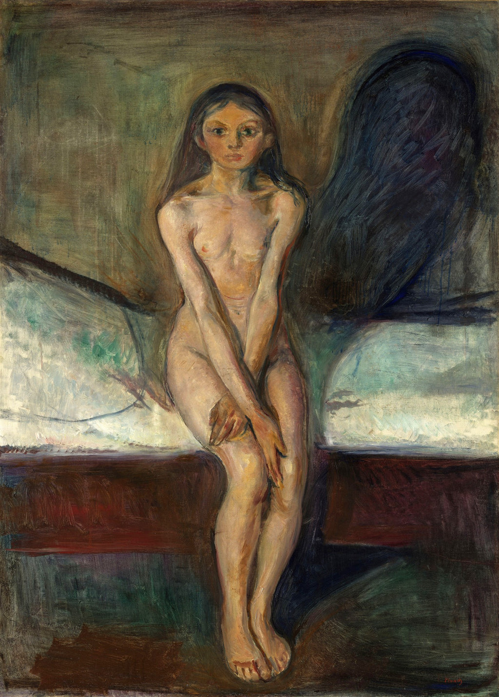 Uma pintura de Edvard Munch intitulada 'Puberdade', mostrando uma jovem nua sentada em um leito com as mãos cruzadas sobre as pernas, com uma sombra escura e alongada ao seu lado. A paleta de cores é sóbria, com tons de terra, verde-azulado e pele.