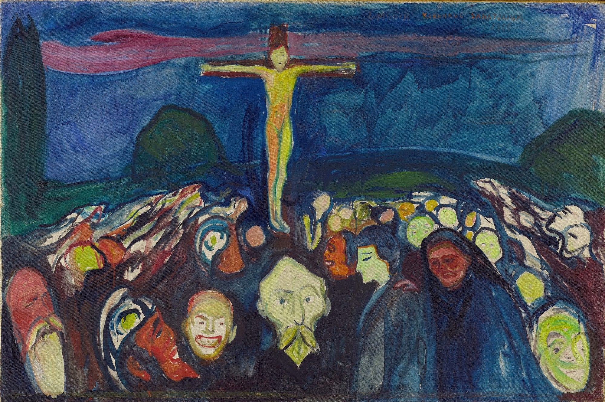 Pintura a óleo "Jesus Crucificado" de Edvard Munch, retratando uma figura crucificada brilhante sobre uma multidão em tons escuros e azuis, com um céu avermelhado.