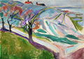 Pintura de paisagem com árvores de troncos escuros, folhagem colorida em tons de vermelho e roxo, e colinas onduladas com casas de telhado vermelho ao fundo, sob um céu claro. A técnica é expressiva, com pinceladas visíveis, criando uma atmosfera vibrante e serena. As cores predominantes são verde, azul, roxo e vermelho.
